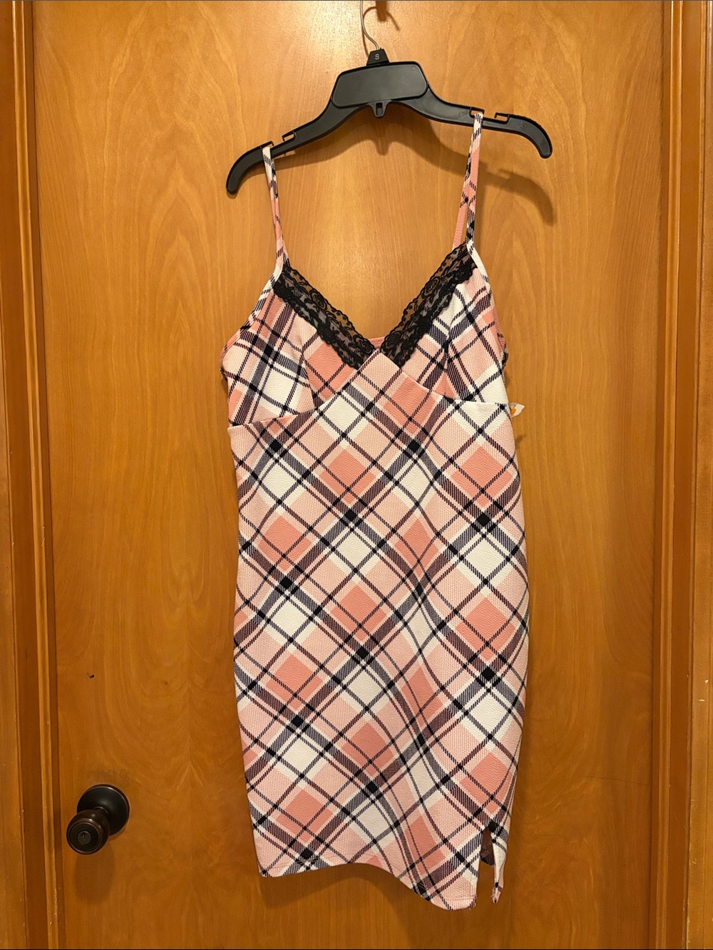 Women's Pink Plaid Lace Trim Slip Dress